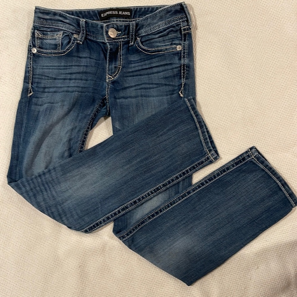 Womens Express Skinny Stella Low Rise Stretch Jeans. 2short. Medium Wash.